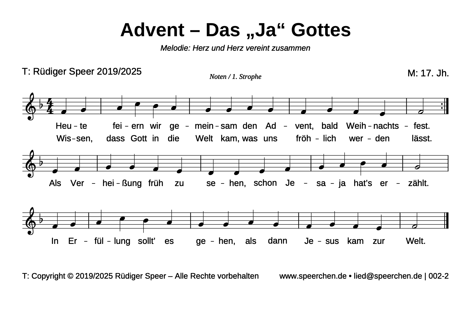 Noten mit Text der ersten Strophe