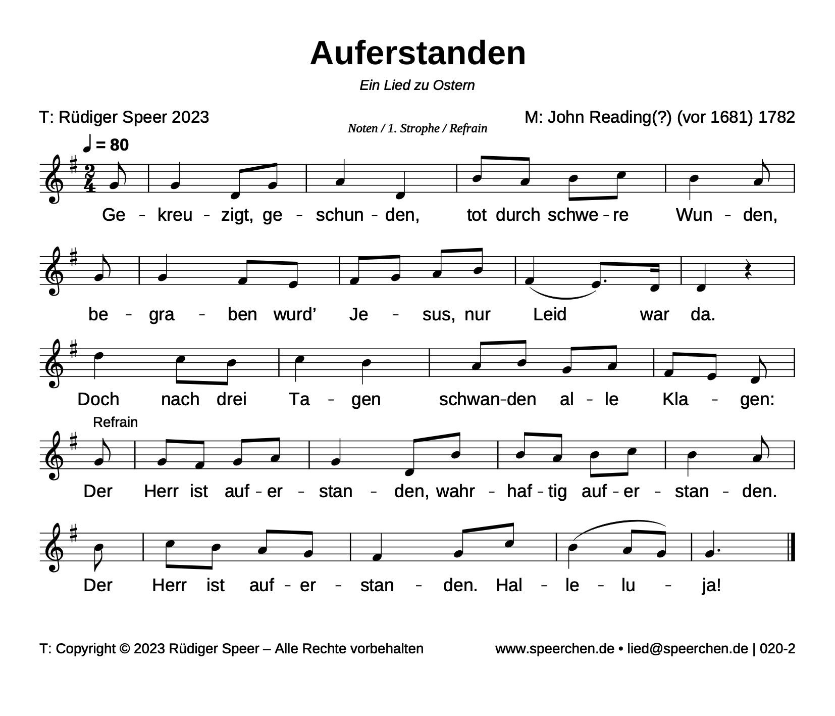 Noten mit Text der ersten Strophe und des Refrains